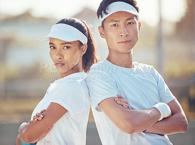 Buy stock photo Tennis team, competitive sport and serious man and woman ready for a game or match on an outdoor court. Fitness with  players standing together for collaboration during competition or tournament