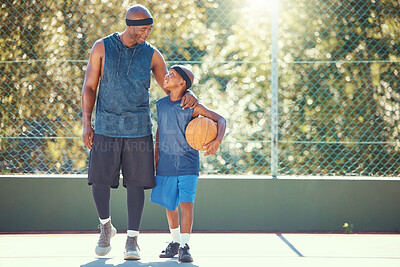 Buy stock photo Father and son talking after basketball practice, training or fitness workout on a sport court together. African man and boy hug,  love and smile while playing and learning sports game outdoor