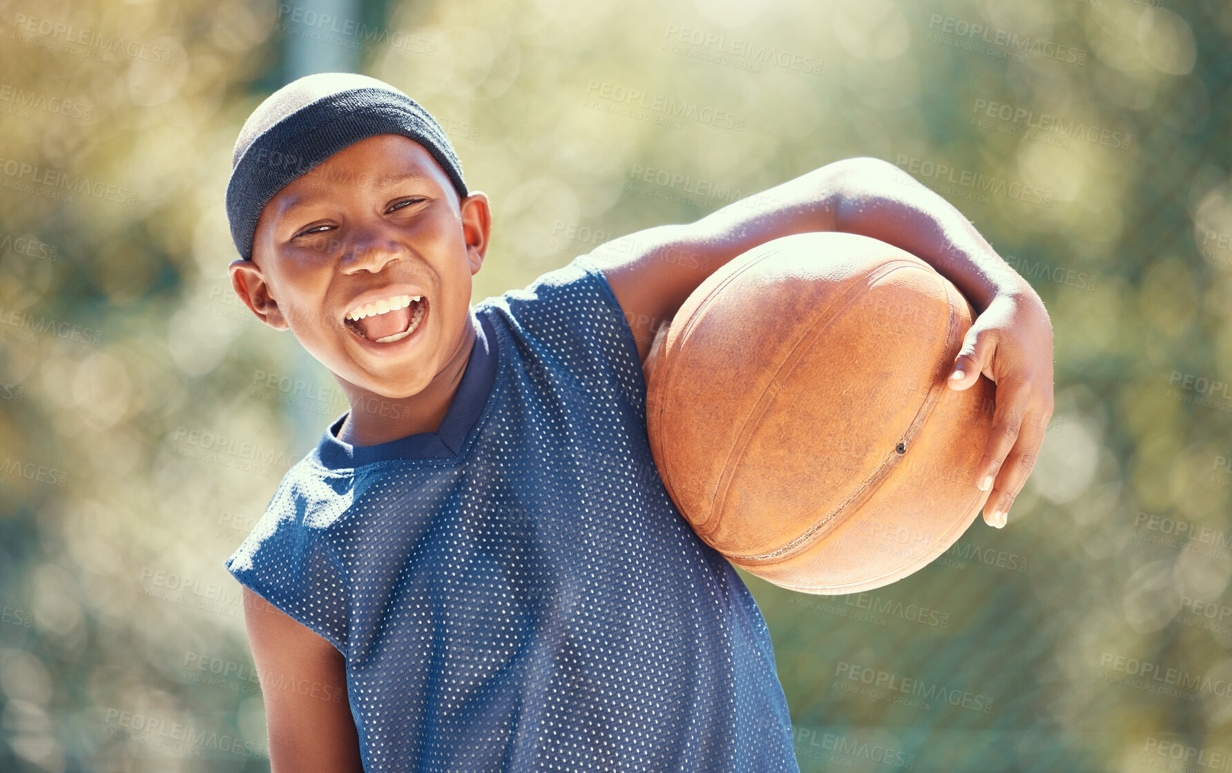 Buy stock photo Portrait, basketball and happy black boy ready to train outside for fitness, health and wellness. Sports, childhood and learning with a child playing a sport outdoors for practice, fun or recreation
