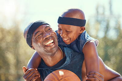 Buy stock photo Basketball, sports and happy father and child bonding and playing after training, exercise and fun workout. Family, black fun dad teaching son, learning how to play sport on a basketball court
