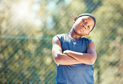 Buy stock photo Child, basketball and serious attitude with black boy standing with arms crossed ready to play outside. Proud, confident and cool kid with street swag and ready to stand up against bullying