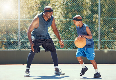 Buy stock photo Sport, family and learning basketball with a dad and son training on a court outside for leisure fitness and fun. Black man and kid doing exercise and workout playing a game for health and training