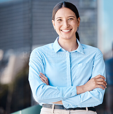 Buy stock photo Success, vision and proud manager leader looking happy and smile, leadership with innovation at corporate job.  Portrait of cheerful entrepreneur winning career goal, enjoying mission accomplishment 