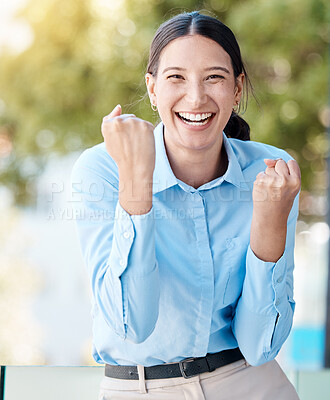 Buy stock photo Winner, happy and success celebration woman or girl smile, proud and excited for goal achievement or winning victory. Creative employee, person or manager smiling with happiness celebrate good news