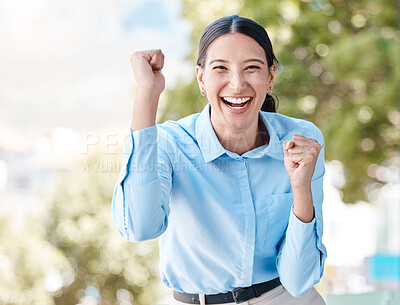 Buy stock photo Business woman portrait, fist cheering and success, winning and bonus achievement in city outdoors. Happy, lucky smile and excited worker celebration deal, trading motivation and winner pride joy