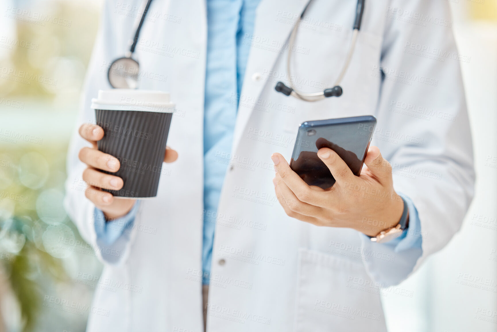 Buy stock photo Female doctor, phone and coffee break with medical healthcare worker reading message, social media notification and online news. Closeup hands of gp using a mobile app with 5g wifi network connection