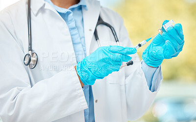 Buy stock photo Covid vaccine, injection and corona virus medicine with needle, vial and syringe from hospital doctor. Closeup hands, healthcare worker and flu jab, antiviral shot and medical treatment for immunity