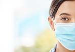 Covid face mask, medical doctor and healthcare nurse working at a hospital, insurance for safety and nursing staff at a clinic. Portrait of sick and expert health worker and professional help at job