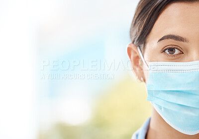 Buy stock photo Covid, mask and face of a medical doctor or healthcare nurse working at a hospital, insurance for safety and nursing staff at clinic. Portrait of sick, expert health worker or professional at job