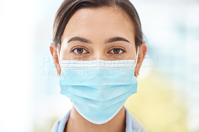 Buy stock photo Covid, face and mask for clean hygiene with a woman staying safe and wearing protection against coronavirus while standing. Closeup of female following safety regulations for virus during pandemic