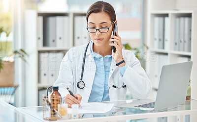 Buy stock photo Telehealth woman doctor phone call, healthcare talking and medical service writing sick note, surgery planning and prescription. Wellness worker, medicine research and clinical report test results