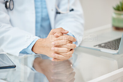 Buy stock photo Doctor hands hope or praying sign for bad news in consultation with hospital office desk closeup. Healthcare therapist hand for serious discussion, diagnosis results or trust, advice and insurance