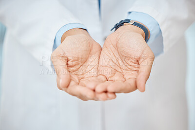Buy stock photo Charity, empty hands and asking donation for a medical procedure, surgery and healthcare by doctor.  Health professional holding mockup medical object for copy space, advertising and marketing