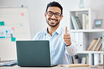 Work, success and thumbs up of business man at a computer happy in his office. Portrait of a corporate worker show winner, thank you and support hand sign with a smile working on company goal