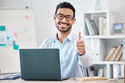 Buy stock photo Work, success and thumbs up of business man at a computer happy in his office. Portrait of a corporate worker show winner, thank you and support hand sign with a smile working on company goal