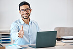 Thumbs up, success and motivation from businessman with laptop for marketing and advertising research. Portrait of happy corporate employee, worker or business man with positive support hand gesture