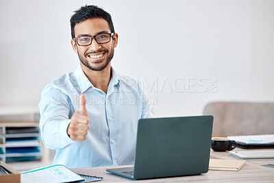 Buy stock photo Thumbs up, success and motivation from businessman with laptop for marketing and advertising research. Portrait of happy corporate employee, worker or business man with positive support hand gesture