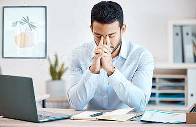 Buy stock photo Stress, anxiety or burnout businessman working on online report or proposal deadline at office desk workplace. Mental health, headache or depressed corporate worker with frustrated fail or bad error