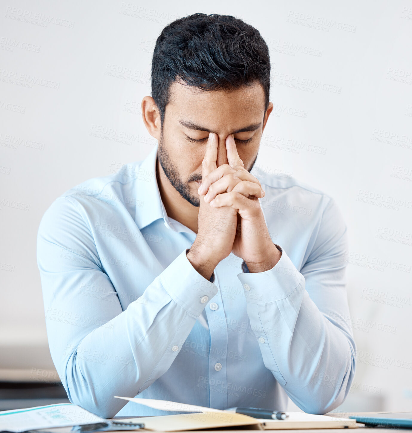 Buy stock photo Stress, burnout and accountant working on tax, audit and financial paperwork or documents at office desk is tired. Finance, employee or businessman frustrated with accounting mistake and deadline
