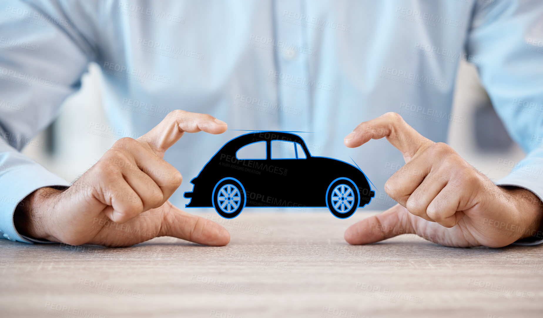 Buy stock photo Man with model car in hands, promote business of insurance or vehicle finance at table in office. Businessman show toy auto, to advertise sale or motor repair workshop on desk at work or home