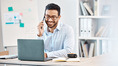 Buy stock photo Laptop, communication and happy businessman in phone call conversation with event planner for corporate function. Employee, worker or business man talk on mobile smartphone planning company project
