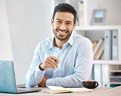 Buy stock photo Happy, accountant man planning and laptop in business smile for job, career and plan at the office desk. Portrait of a successful male in finance, accounting and computer smiling in happiness at work