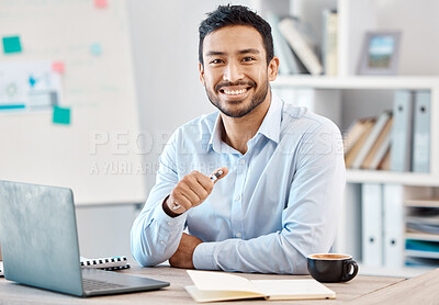 Buy stock photo Success, work and a happy young businessman in his office at a startup. Planning, notes and research, a business coach preparing for a presentation. Tech, internet and a smile, working at a computer.