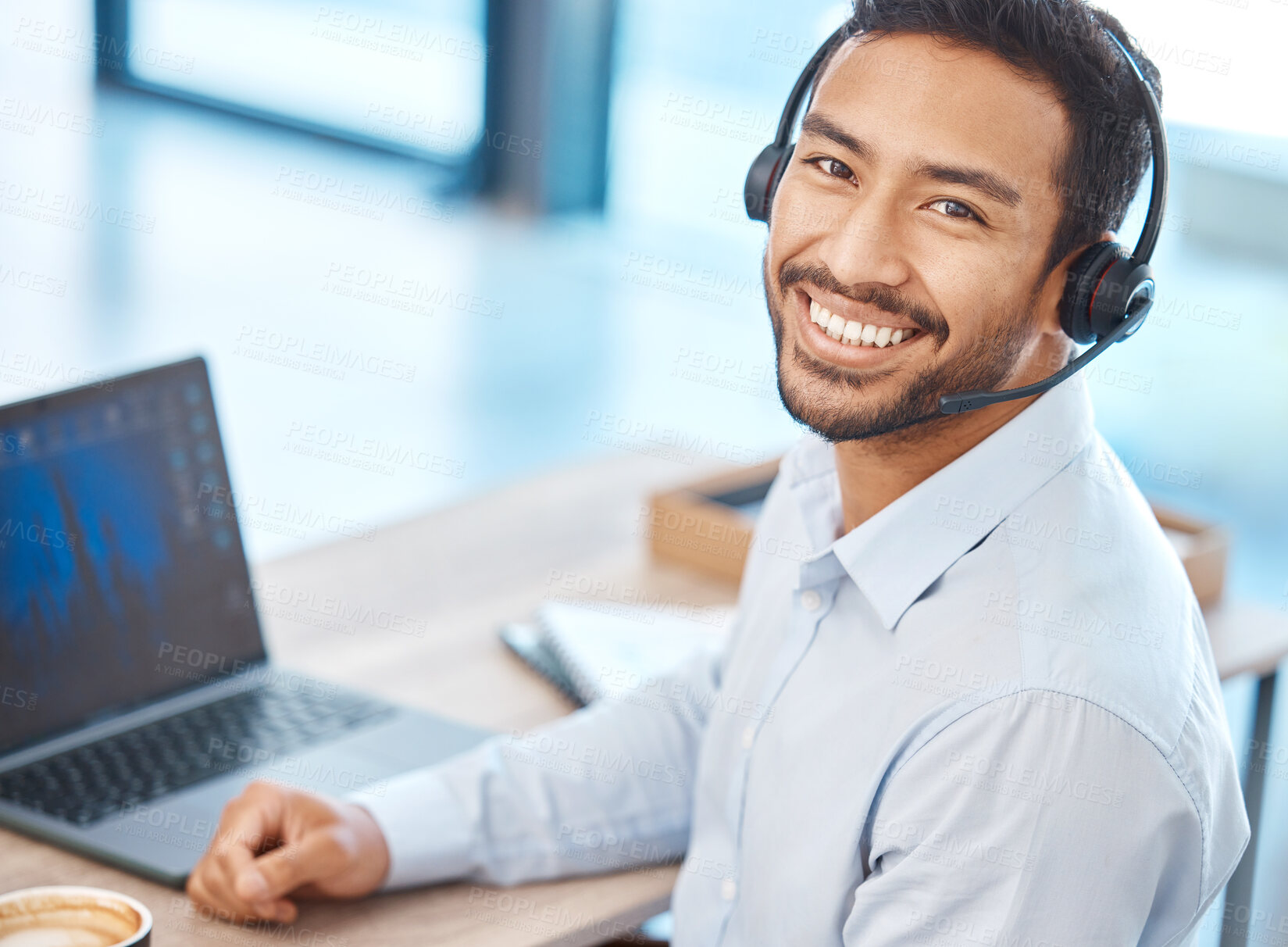 Buy stock photo Asian call center man with headset and laptop working for contact us support, telemarketing sales and consulting company. Corporate customer service help and business success agent employee in office