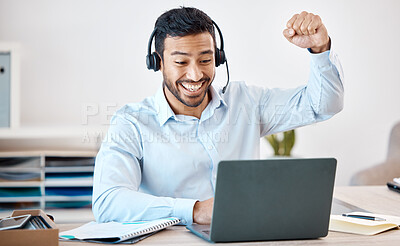Buy stock photo Success, customer service and winner with call center employee working on laptop in customer support, telemarketing or marketing. Celebration, consulting and communication with young man 
