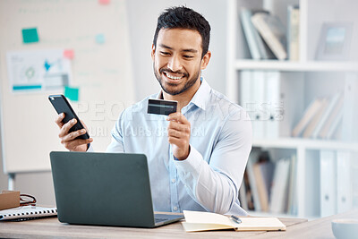 Buy stock photo Ecommerce, credit card and businessman with laptop, smartphone technology making a digital payment on website software. Worker with fintech, bank information for online finance trading on mobile app