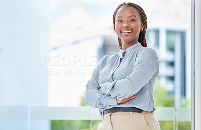 Buy stock photo Black woman, business portrait and happy entrepreneur with vision, motivation and commitment at window of modern office agency. Smile, young and african manager, proud employee and corporate worker