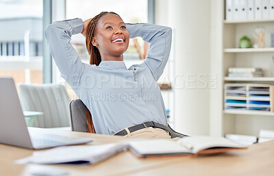 Buy stock photo Black woman, business success and relax after complete or finish laptop marketing company goal. Smile, happy and excited worker, employee or entrepreneur with office growth vision or advertising idea