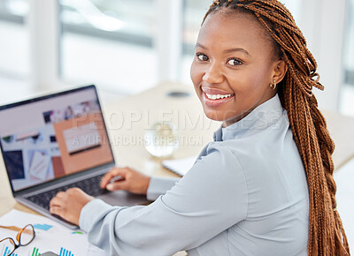 Buy stock photo Black woman manager on laptop planning and working with company business email, SEO chart and graph for success. Corporate management employee with online internet ui pc notebook analytics