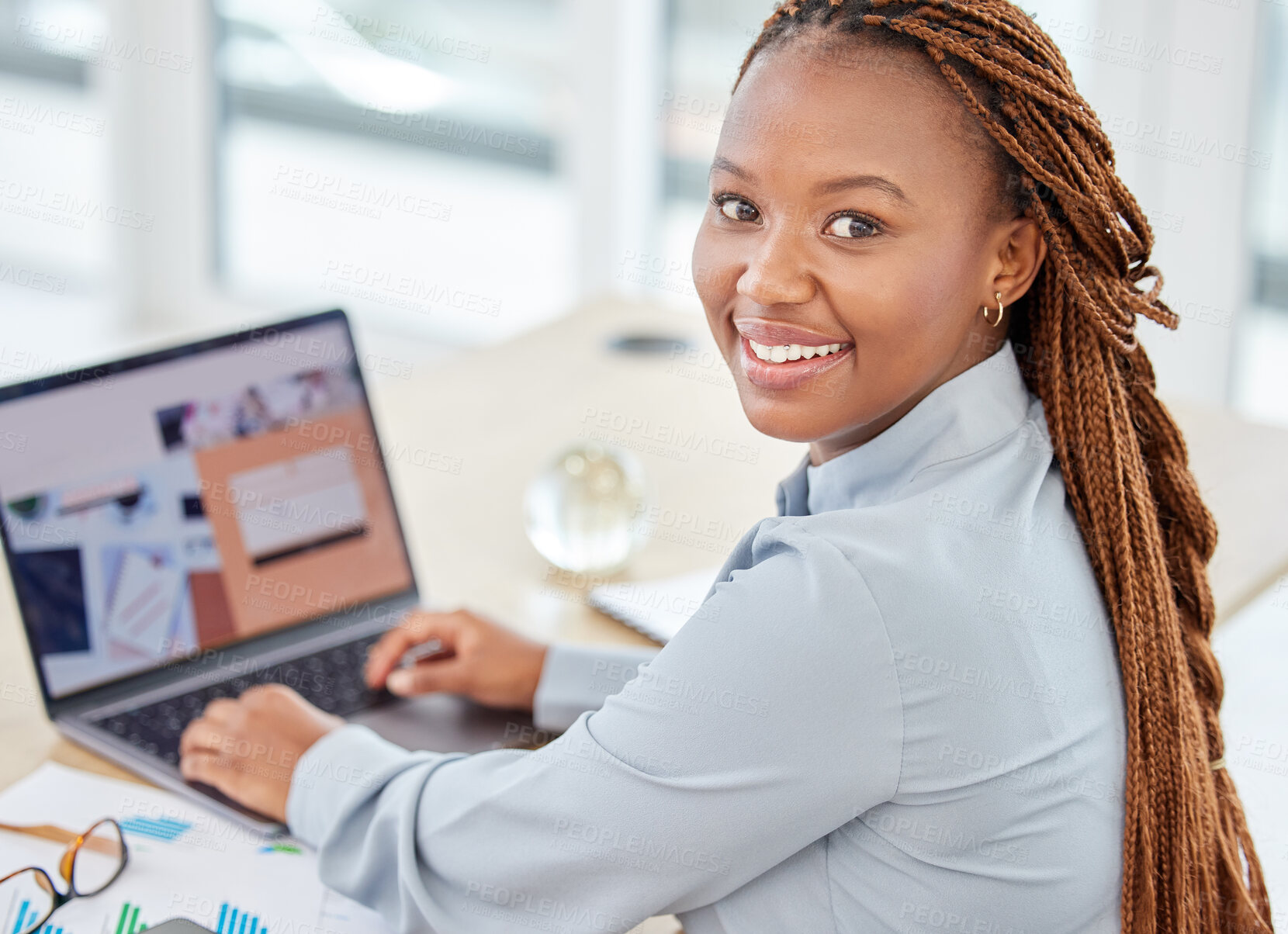 Buy stock photo Black woman manager on laptop planning and working with company business email, SEO chart and graph for success. Corporate management employee with online internet ui pc notebook analytics