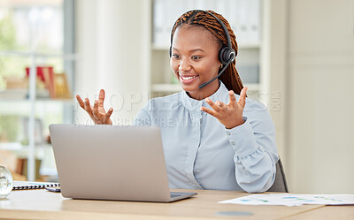 Buy stock photo Black woman, call center and laptop webinar for workshop training on zoom meeting in company or startup office. Happy smile and motivation employee with innovation vision idea in crm video conference