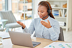 Laptop, black woman and business coach with headset consulting, on a video call or online class. Technology, support and communication, a crm consultant talks to client on a computer with paperwork.