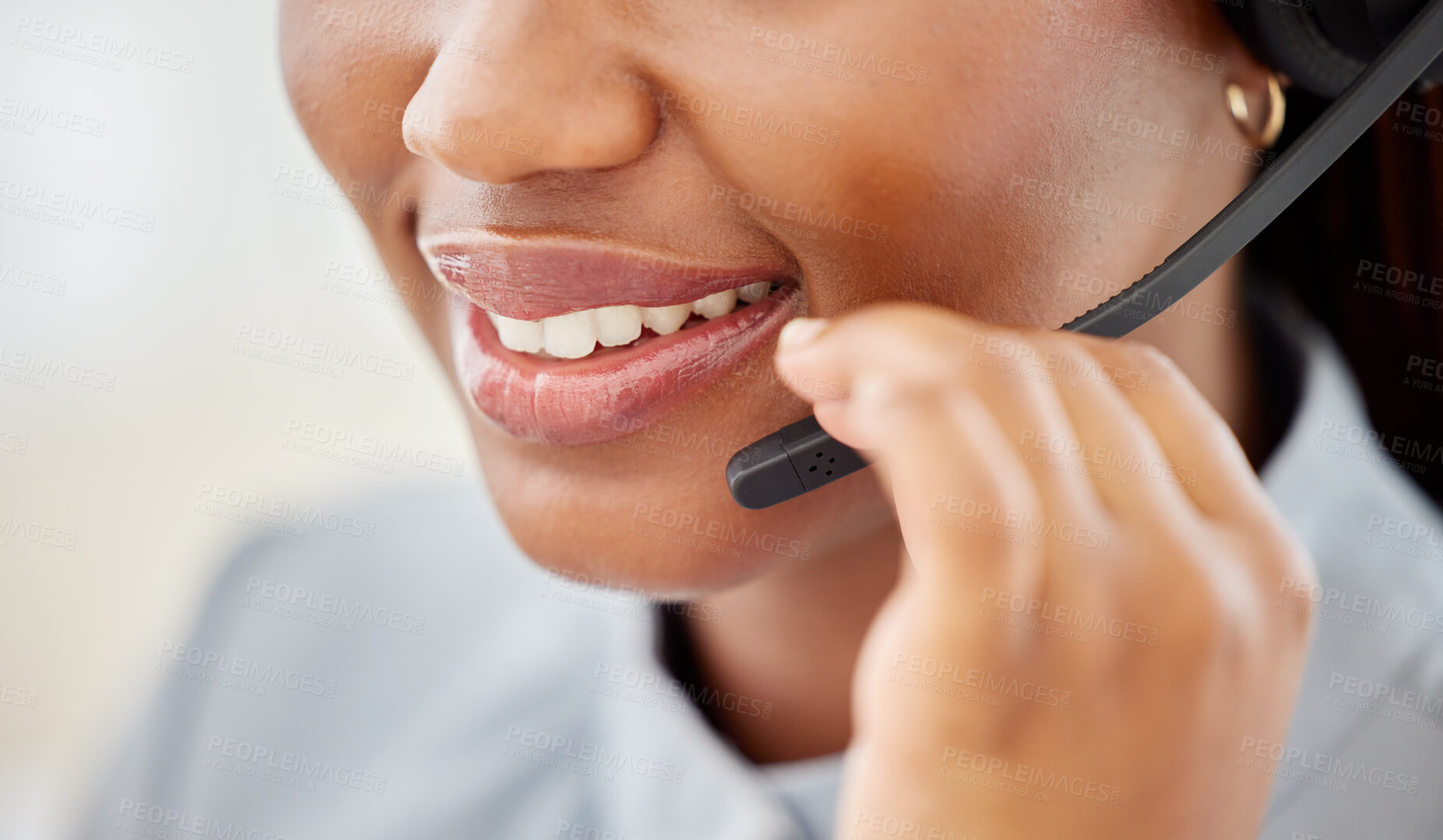 Buy stock photo Woman customer service, mouth talking and smile with a headset at a telemarketing or call center office. African American consultant working in help desk or support job while consulting a client