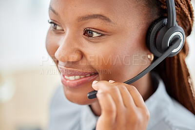 Buy stock photo Customer service consultant, call center agent and happy telemarketing operator consulting and giving advice on headset. Face of a confident woman in contact us and crm support company with a smile
