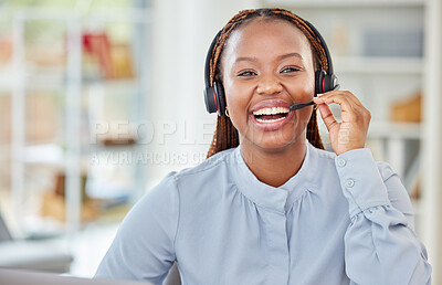 Buy stock photo Success call center and customer service black woman consulting, communication and talking to contact us person. Happy CRM telemarketing support agent, friendly girl or receptionist in company office