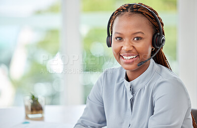 Buy stock photo Portrait of a black customer support consultant, receptionist or call center agent with a headset. Happy, expert and professional woman employee working in ecommerce at a telemarketing company.