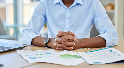 Buy stock photo Businessman hands, paperwork data graphs and planning annual report, research and office budget. Closeup of marketing documents, strategy chart and analytics progress with financial economy stats