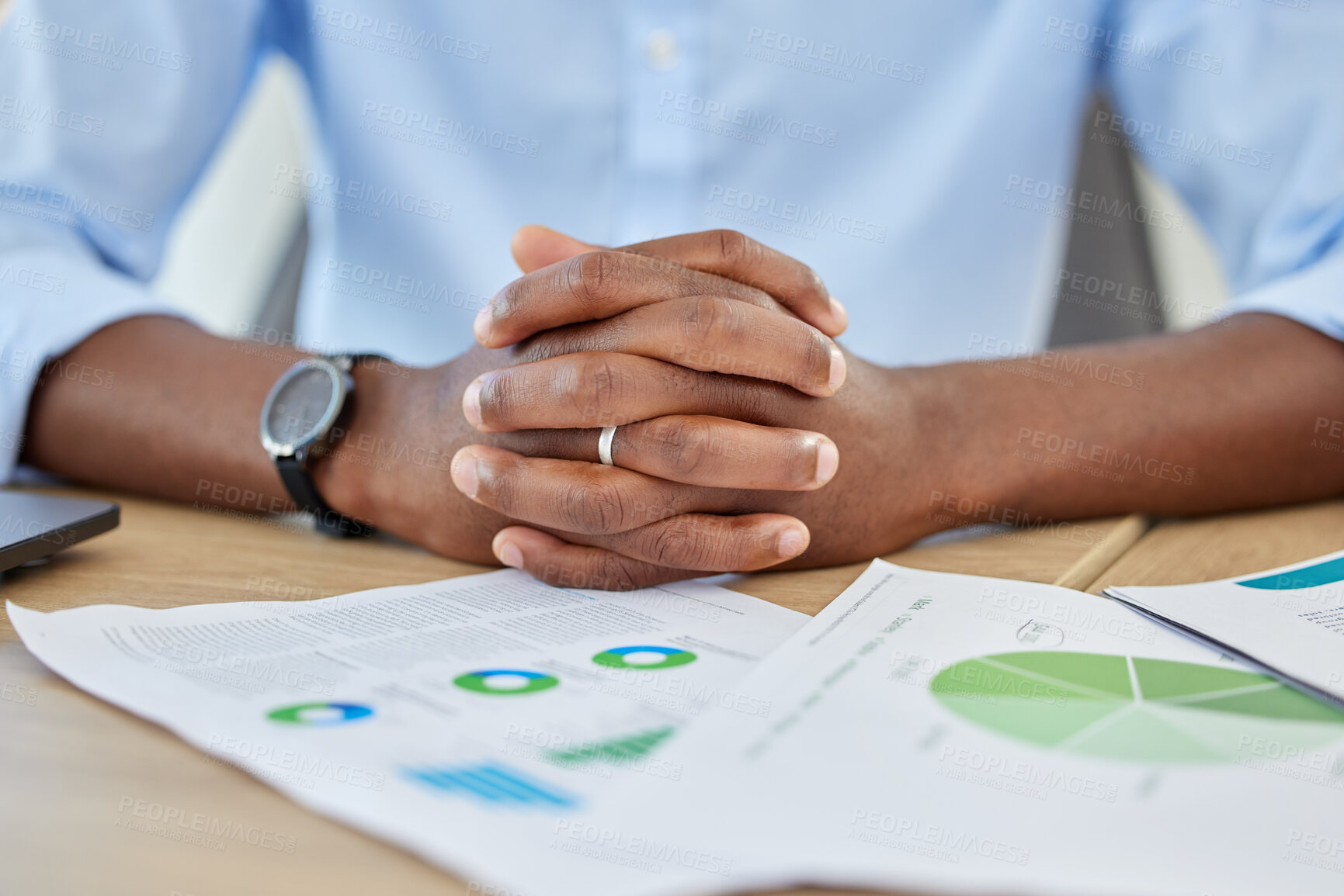 Buy stock photo Serious businessman hands with finance paperwork of chart or graph data planning, finance report or analytics at office or in meeting. Closeup of accountant corporate worker with a financial decision