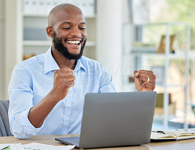 Buy stock photo Success, excited and business man with laptop happy about profit and growth of stock market, investment or trading. Celebration by a professional trader over forex, nft and bitcoin cash stock growing