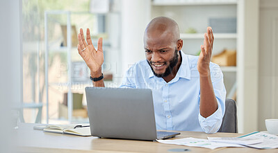 Buy stock photo Stressed, upset and frustrated black businessman on a work conference call on a laptop. Angry, African and corporate manager with company documents on a broken computer at his desk in a modern office