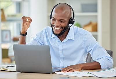 Buy stock photo Winner, success or call center black man with laptop in contact us office cheering customer deal or crm consulting. Customer service, ecommerce sales or happy communication worker in wow celebration