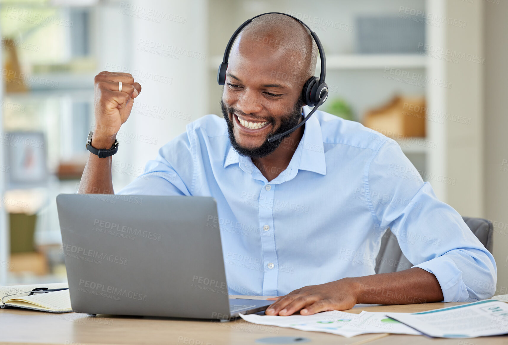 Buy stock photo Winner, success or call center black man with laptop in contact us office cheering customer deal or crm consulting. Customer service, ecommerce sales or happy communication worker in wow celebration