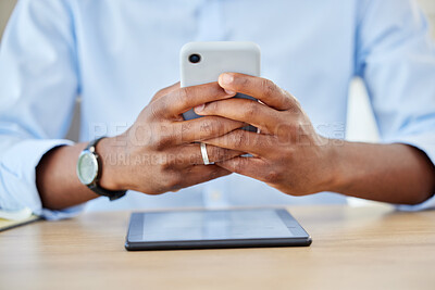 Buy stock photo Phone, communication and business man working and texting with 5g network, social media and chatting on messaging app on smartphone at desk. Closeup hands of professional worker checking email 