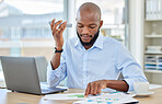 Planning, phone and businessman listening to voice message, note or audio in marketing, chart and strategy. Analytics, documents and graph with young black man working on idea, report or review