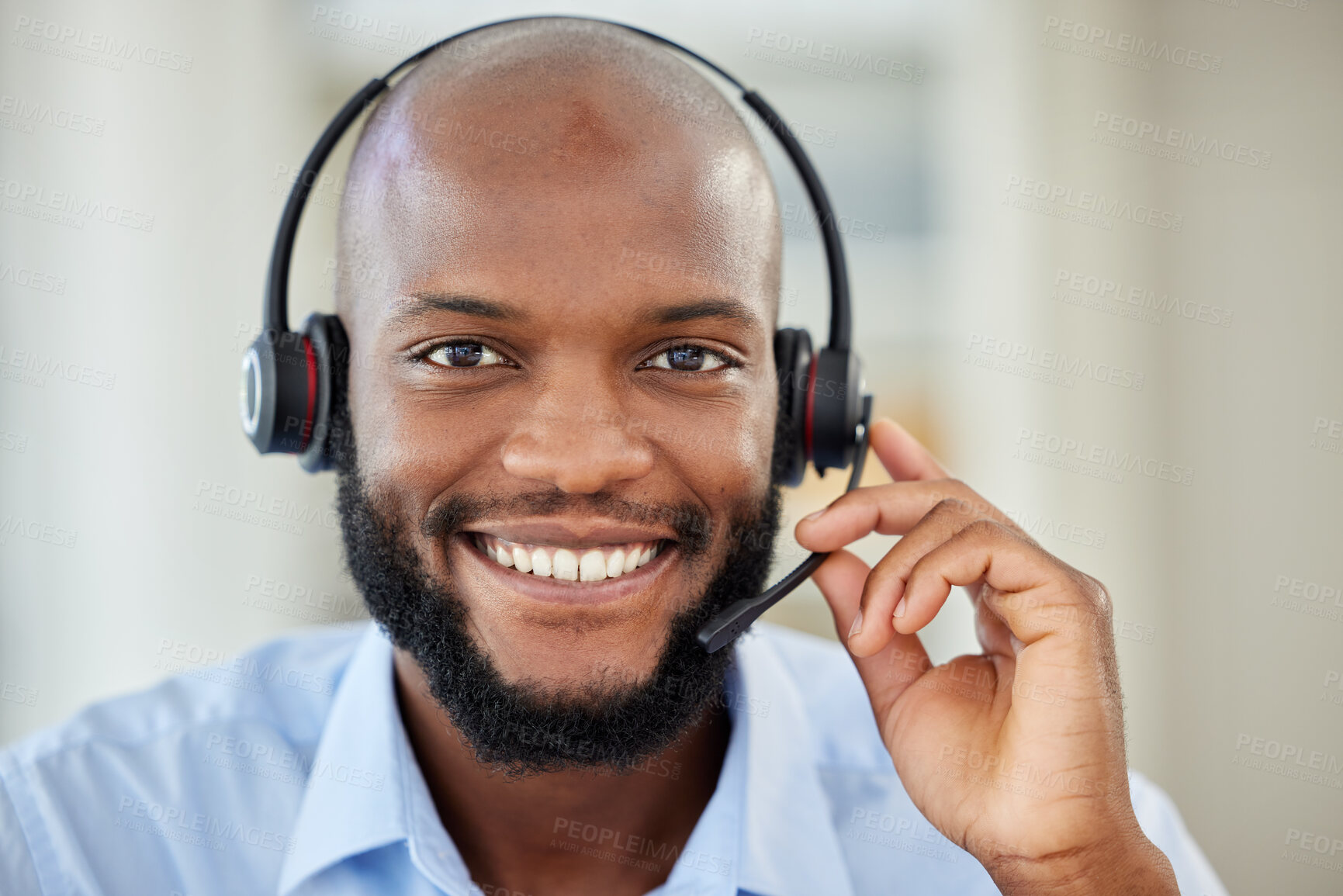 Buy stock photo Sales black man portrait, call center agent and customer service support worker for advice, consulting and expert communication. African, young and internet telemarketing face for contact us helping