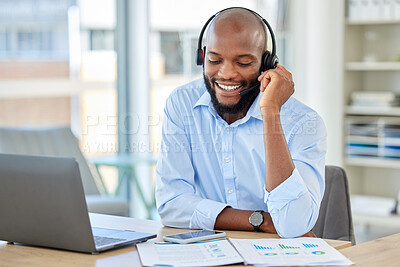 Buy stock photo Sales man, call center agent and customer service support operator advice, help and talking communication loan in office. African, young and smile consultant, crm telemarketing and contact us working